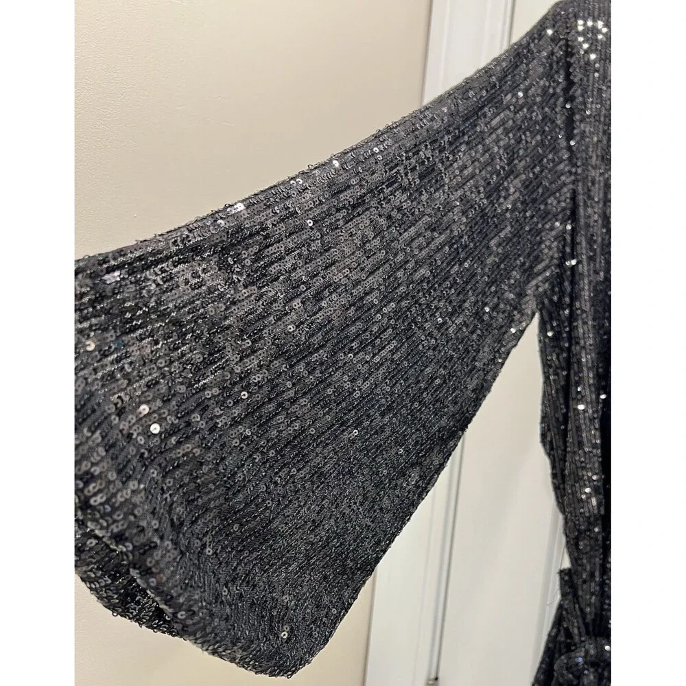 Free People Christa Sequin Long Sleeve Wrap Romper Black Size Lg Party Holiday